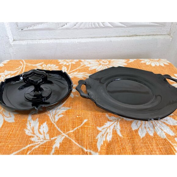 Vintage MCM Black Glass Set Handled Dish and Relish Plate - Picture 13 of 13